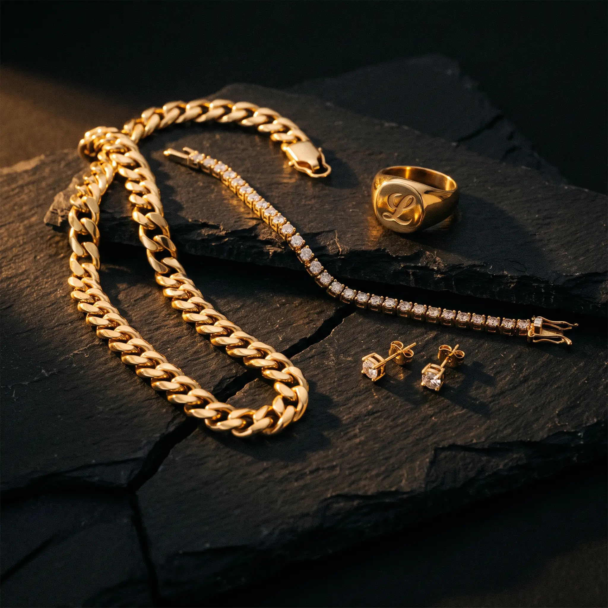 Gold Cuban chain, tennis bracelet, ring and studs on black slate