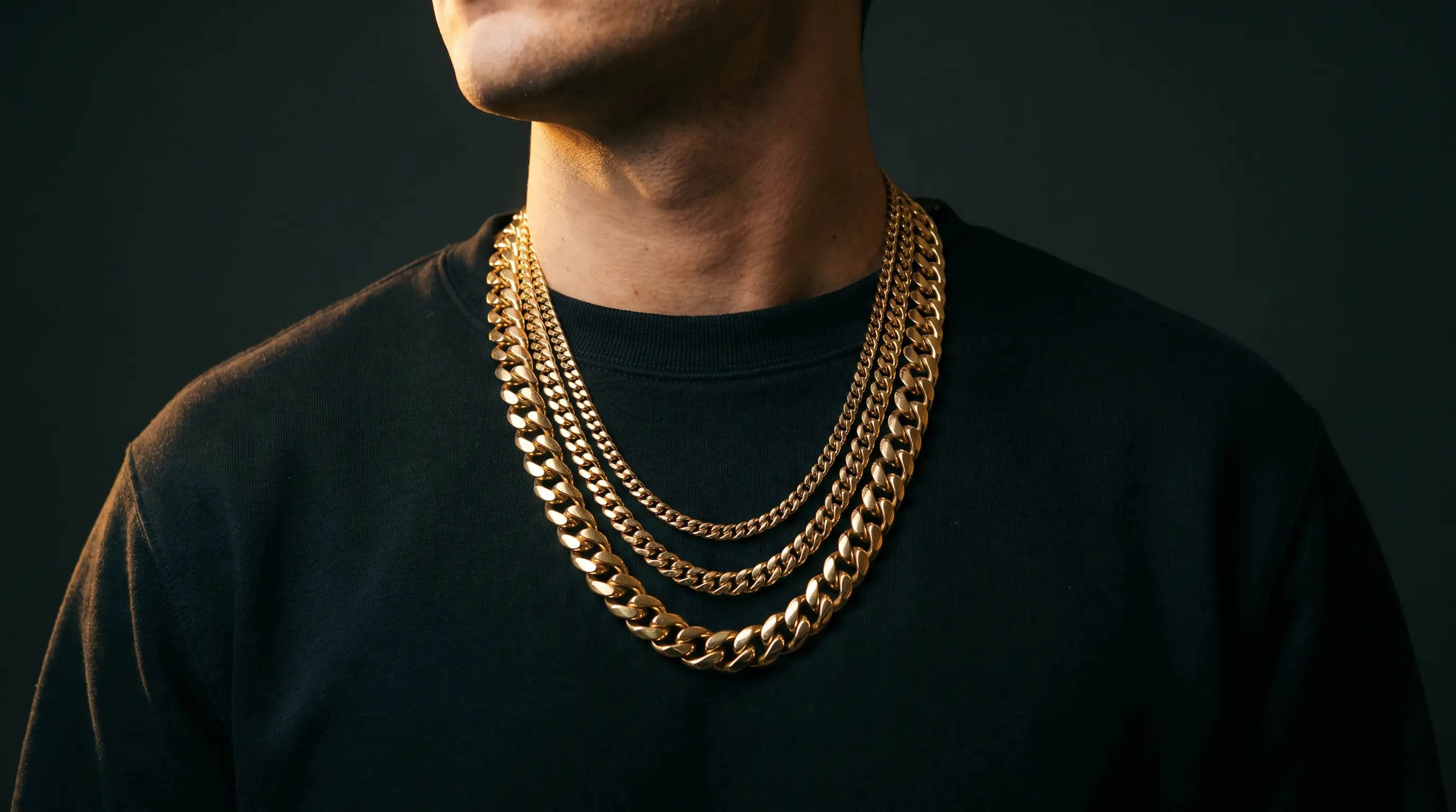 Layered gold Cuban link chains on black